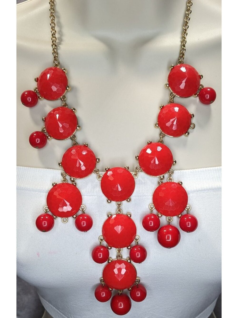 Y2K Glam Red Bubble Bib Statement Necklace Faceted Bead Dangle Jewelry